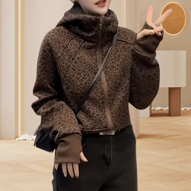 咖色连帽加绒加厚长袖上衣女装2025秋冬新款豹纹韩系气质短外套