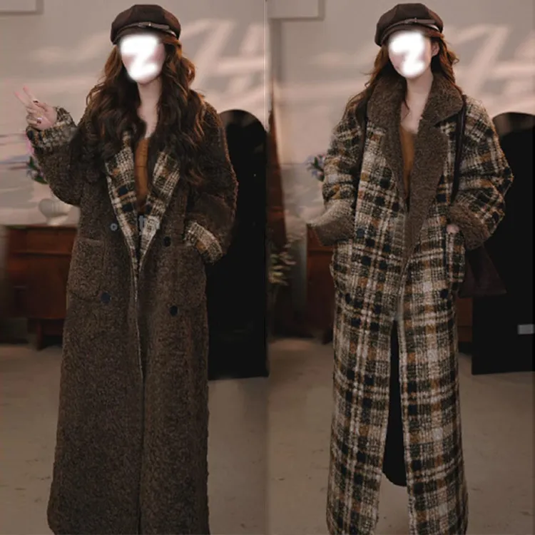 2025冬季新款格纹拼接宽松加厚保暖双面穿时尚百搭中长款外套女