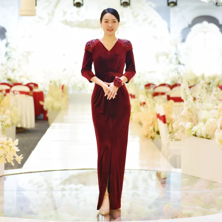 欧妃媛妈妈礼服气质24020 V领敬酒服鱼尾裙礼服酒红色长裙宴会