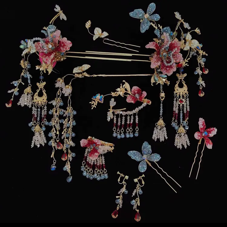 红色大气蓝色新娘头饰气质宫廷新娘婚礼简约百搭