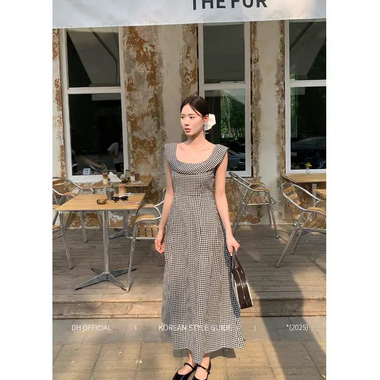 DH OFFICIAL 大花【香颂街头 dress】复古船型一字肩翻领格纹连衣裙