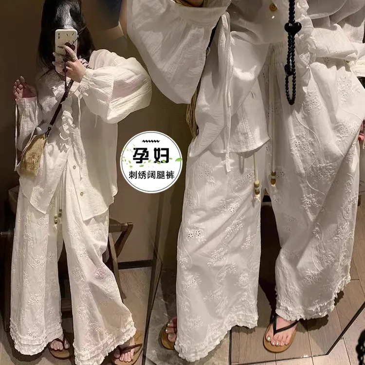 夏季孕妇裤蕾丝花边钩花设计感阔腿裤新款宽松显瘦休闲薄款长裤