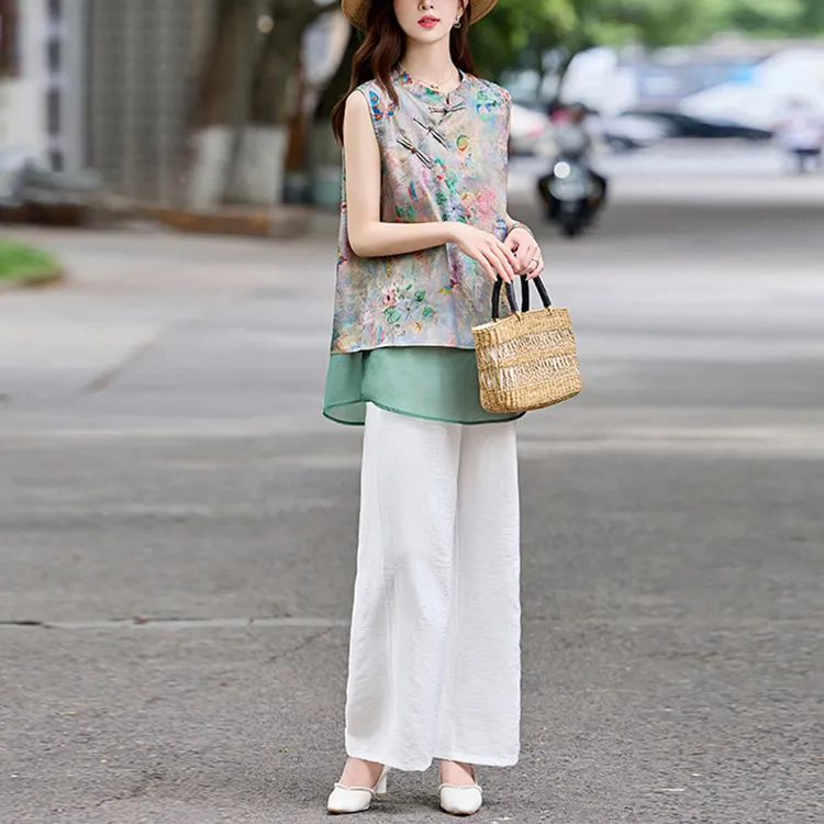 中国风新中式茶服中式时尚套装民族风阔腿裤唐装夏季阔太太两件套