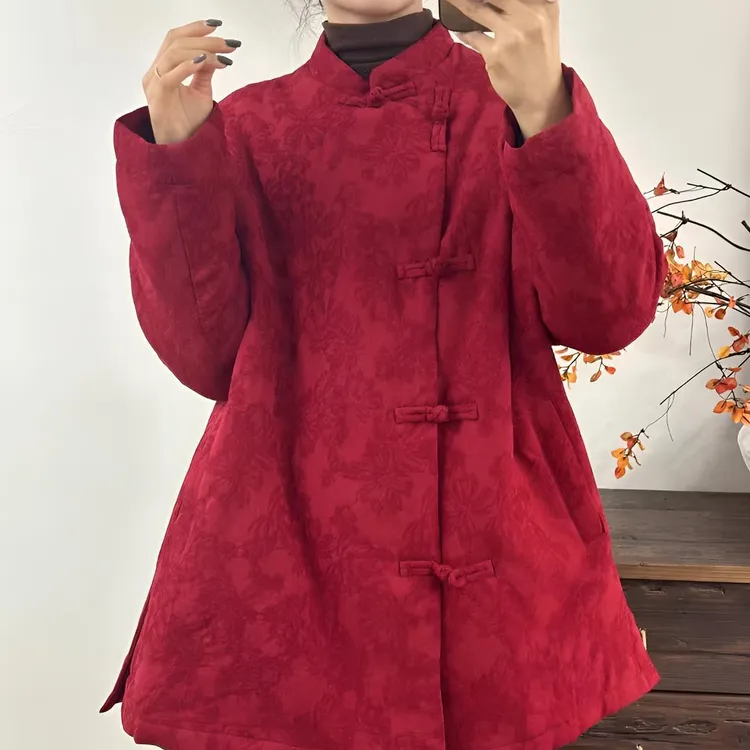 新中式亚麻提花偏襟盘扣开衫棉服外套女2025冬季新款宽松复古保暖