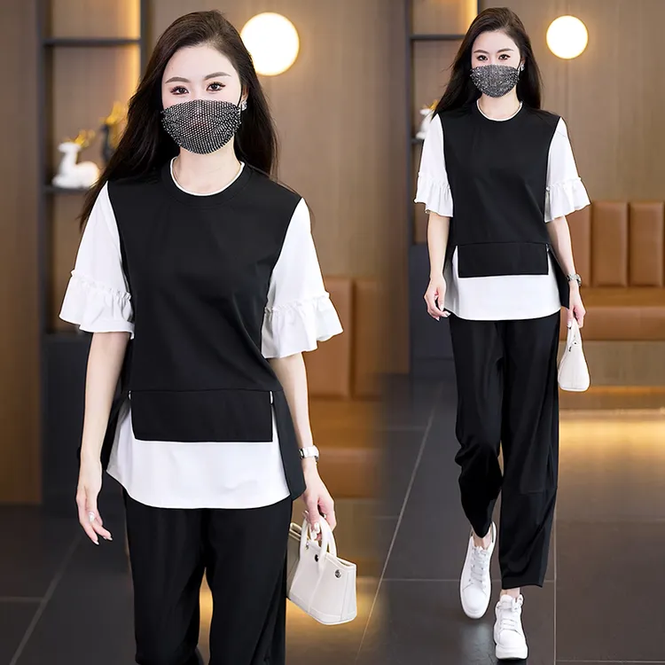 2025夏季新款时尚套装假两件撞色圆领短袖上衣+阔腿裤两件套