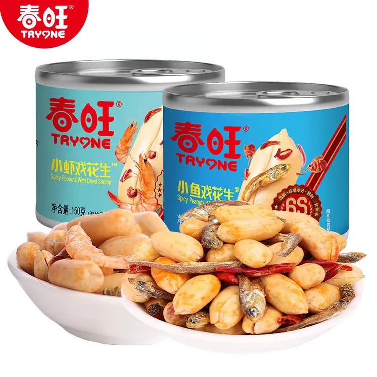 春旺小虾味小鱼戏花生麻辣味鳀鱼干花生米仁下酒菜小零食铁盒150g