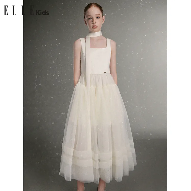 ELLE KIDS法式立体夏季新款女童缎面仪式感背心网纱连衣裙A3