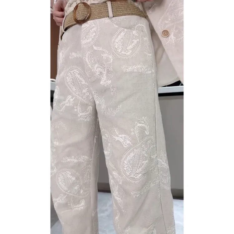 Aimeerosa/艾洛莎牛仔裤高腰小众八分裤新款潮流百搭提花阔腿裤女