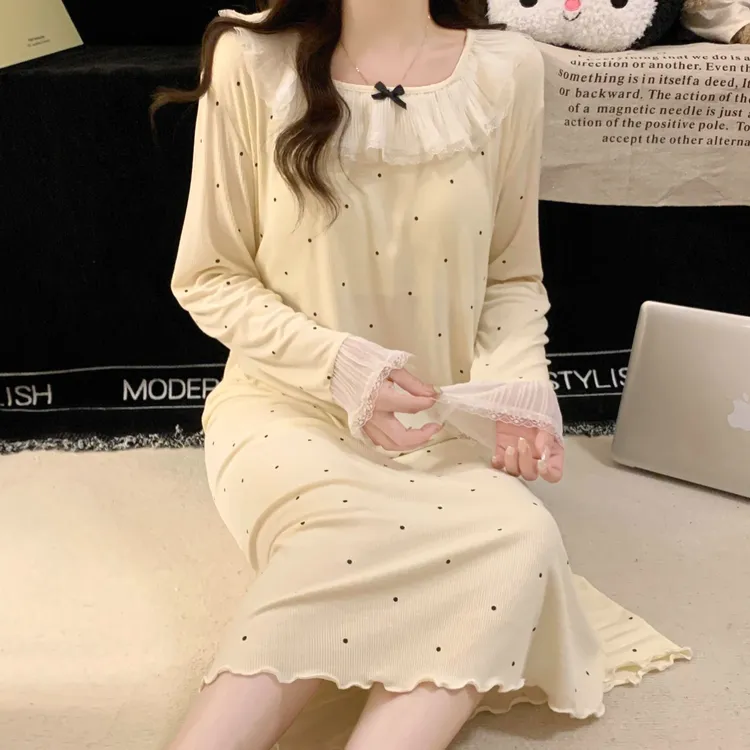 长袖睡裙女款春秋季莫代尔奶油风杏色带胸垫性感纯欲波点蕾丝睡衣