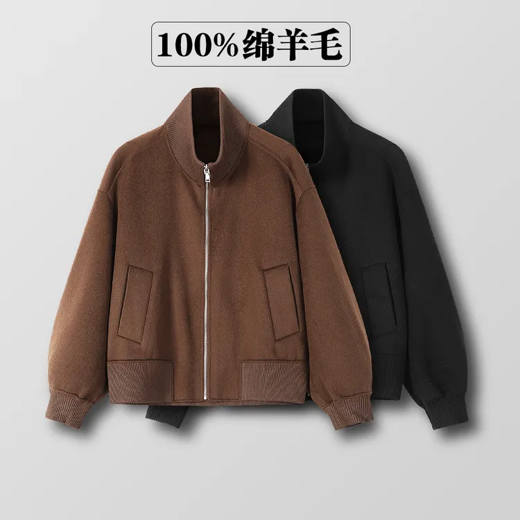 100%绵羊毛 双面羊毛呢夹克 拉链款立领双面呢大衣 短款时尚男士