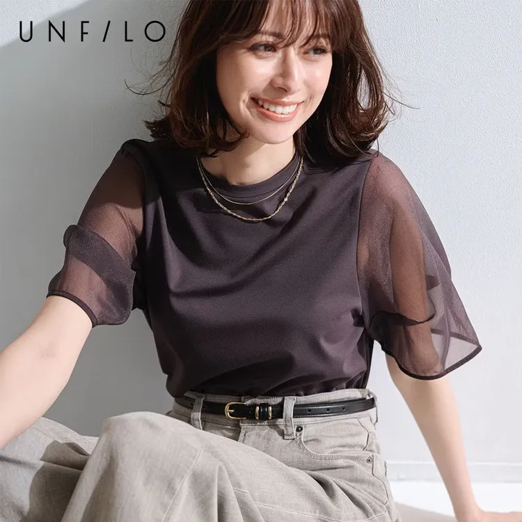 【UNFILO】夏季套头打底衫拼接薄款灯笼袖速干潮人夏季T恤短袖女