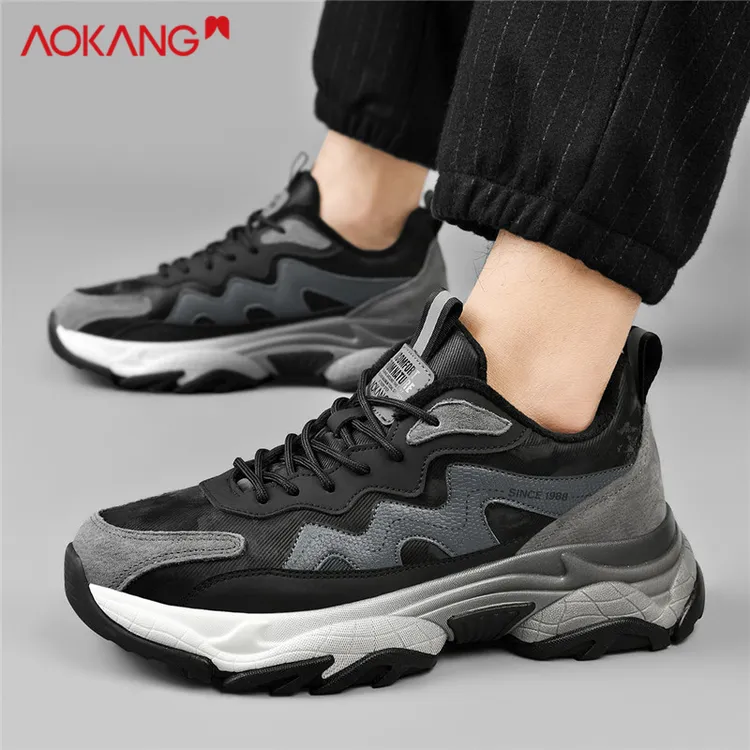 Aokang/奥康官方旗舰官方正品男鞋皮面老爹鞋男款增高网面运动鞋