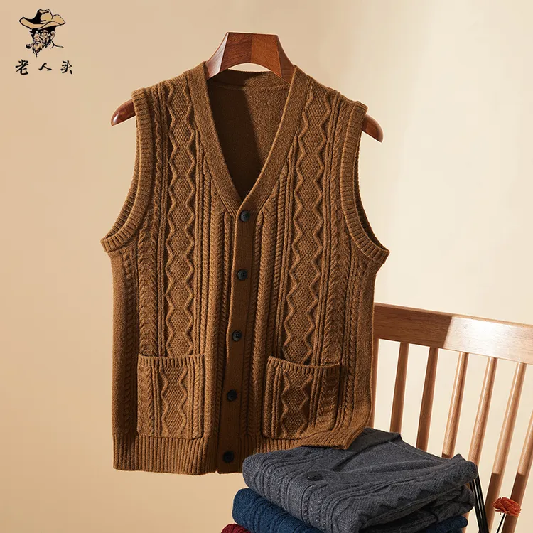 新款中老年针织背心秋冬季加厚保暖毛衣爸爸复古时尚休闲开衫马甲