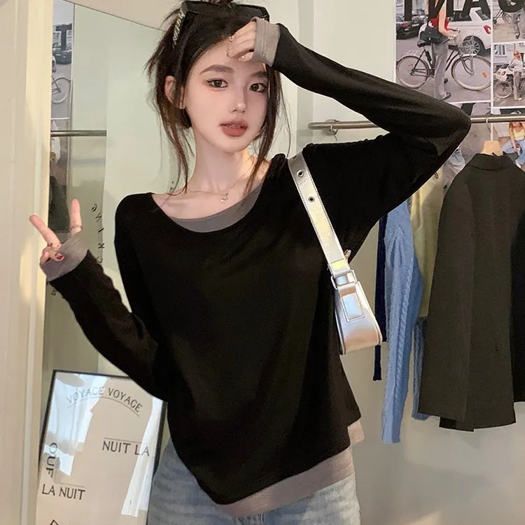 大码设计感假两件长袖t恤女秋季撞色内搭打底衫胖mm宽松显瘦上衣