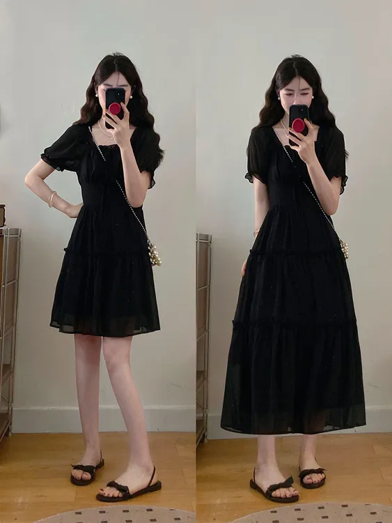 大码女装夏季法式连衣裙胖MM气质小众巨好看收腰长短款裙子