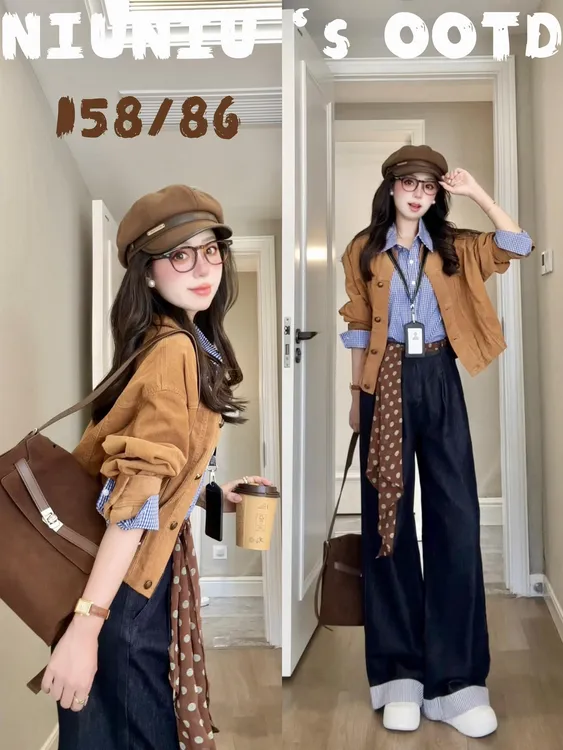 2025早秋新款复古灯芯绒翻领外套女格纹长袖衬衫搭配牛仔裤三件套