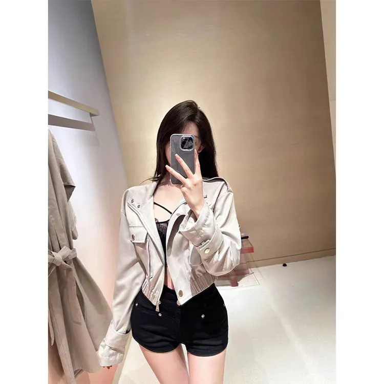 2025春季新款翻领设计立体口袋短款收腰工装夹克显瘦修身气质短裤