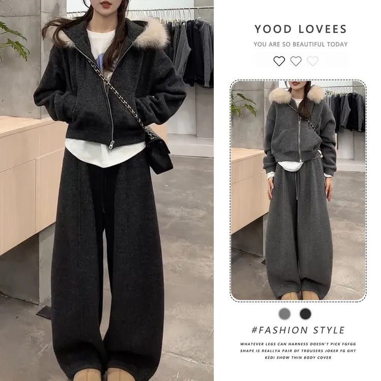 慵懒松弛感穿搭两件套女秋冬新款毛领长袖外套上衣高腰休闲裤套装
