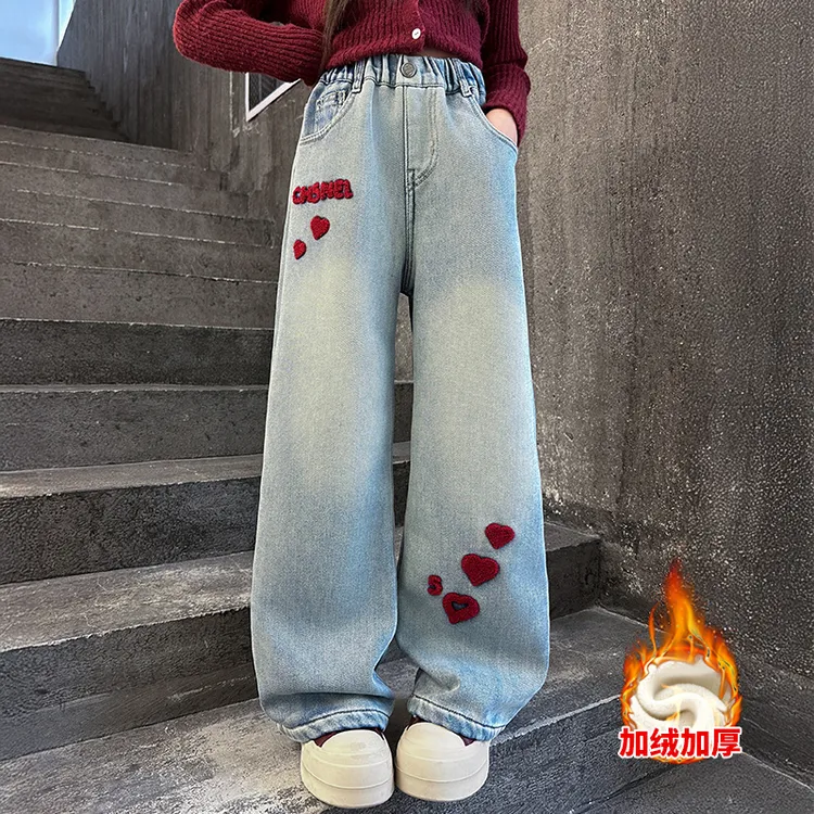 女童毛巾绣加绒牛仔阔腿裤2025新款中大儿童爆款裤子秋冬显瘦洋气