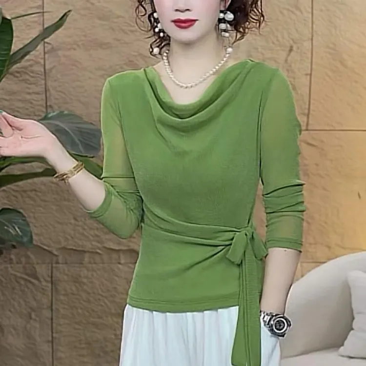 2025常规款纯色堆堆领绑带长袖纱网T恤设计感时尚打底衫春夏