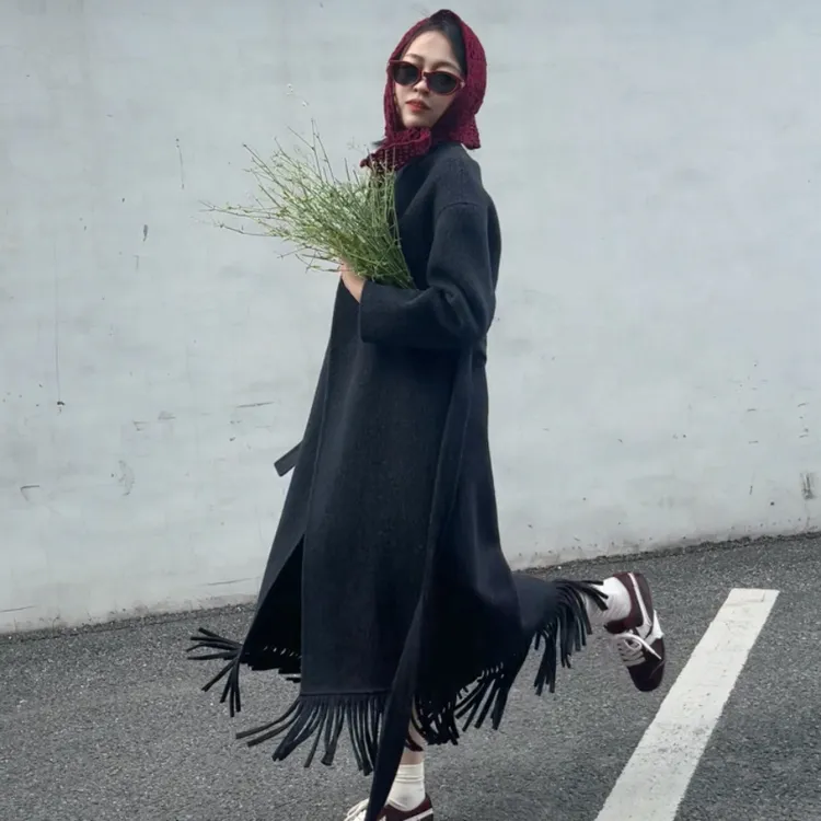 冬季新款长款大衣氛围感十足流苏时髦百搭外套绵羊毛