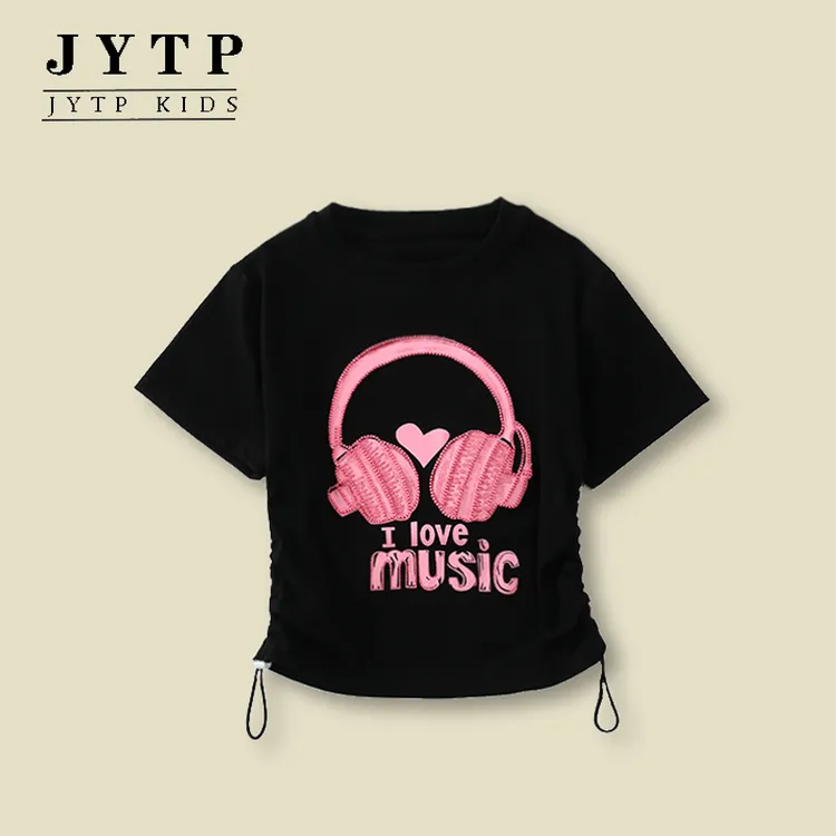 夏季新款女童刺绣耳机短袖休闲宽松童装舒适中大童zb5621简约童品