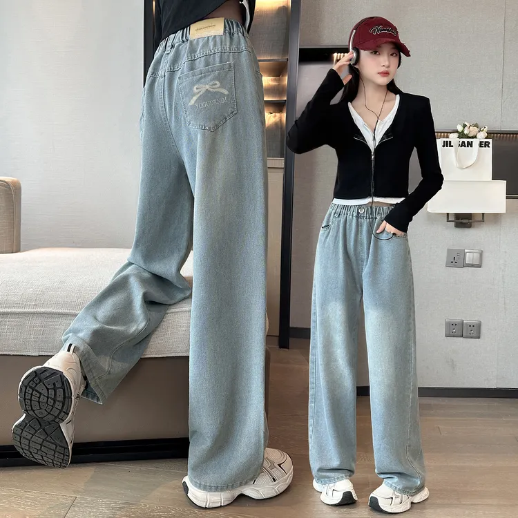 女童牛仔裤春秋新款2025中大童洋气宽松儿童直筒裤显瘦女孩阔腿裤