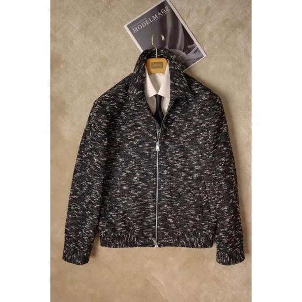 INCHOI男士休闲风翻领夹克休闲羊毛混纺织点线圈保暖时尚短外套