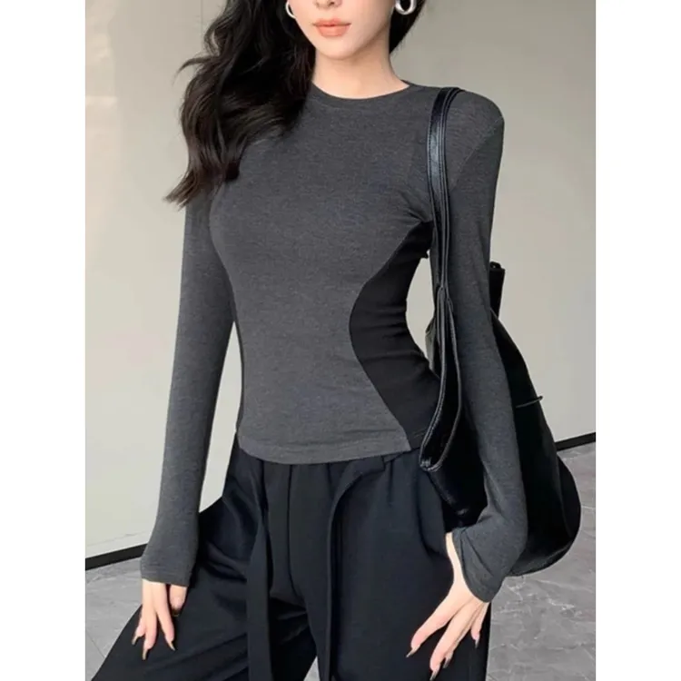 设计感沙漏腰拼色修容长袖打底衫秋冬辣妹修身显瘦内搭T恤上衣女