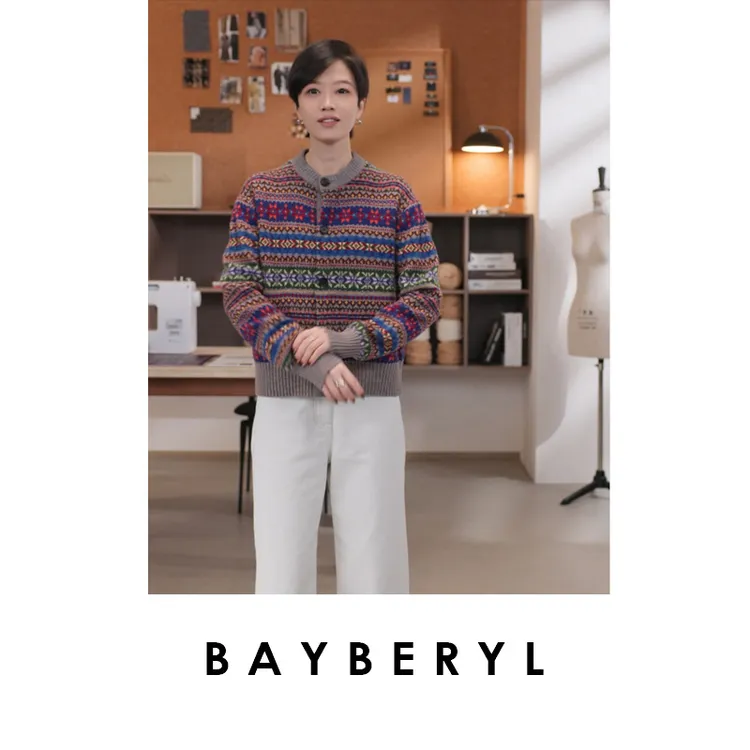 BAYBERYL老贝劳伦费尔岛提花复古圆领秋针织开衫ZZS5I1201-10/19