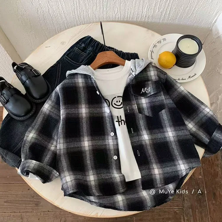 宝宝秋季外套2025新款韩版上衣儿童格子连帽衬衣开衫洋气衬衫潮