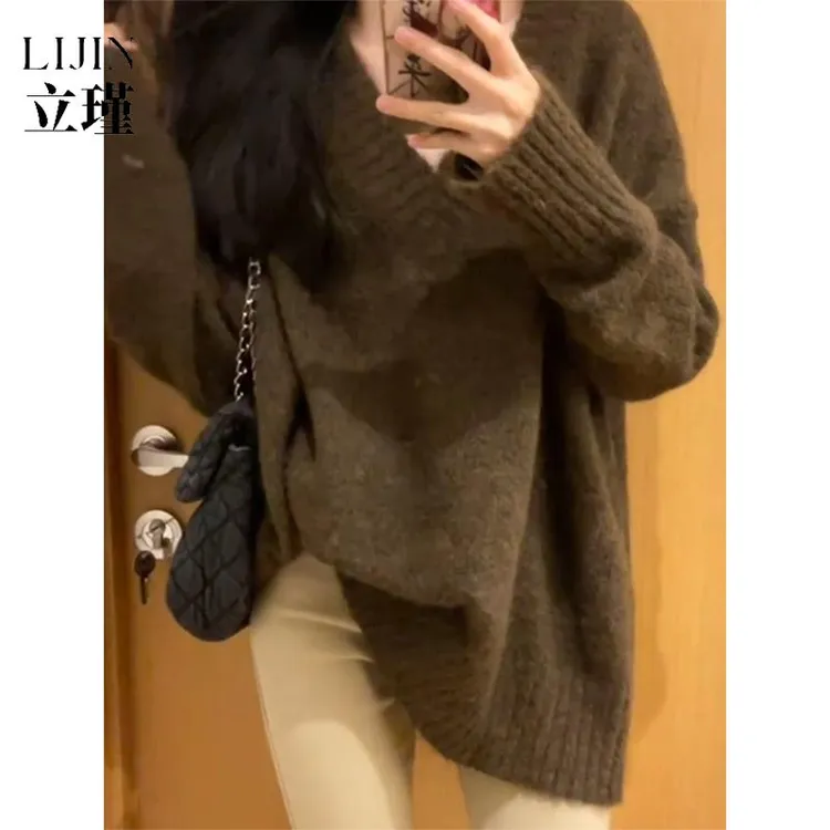 美式复古咖色v领毛衣女秋秋冬宽松慵懒风软糯温柔休秋冬正肩内搭