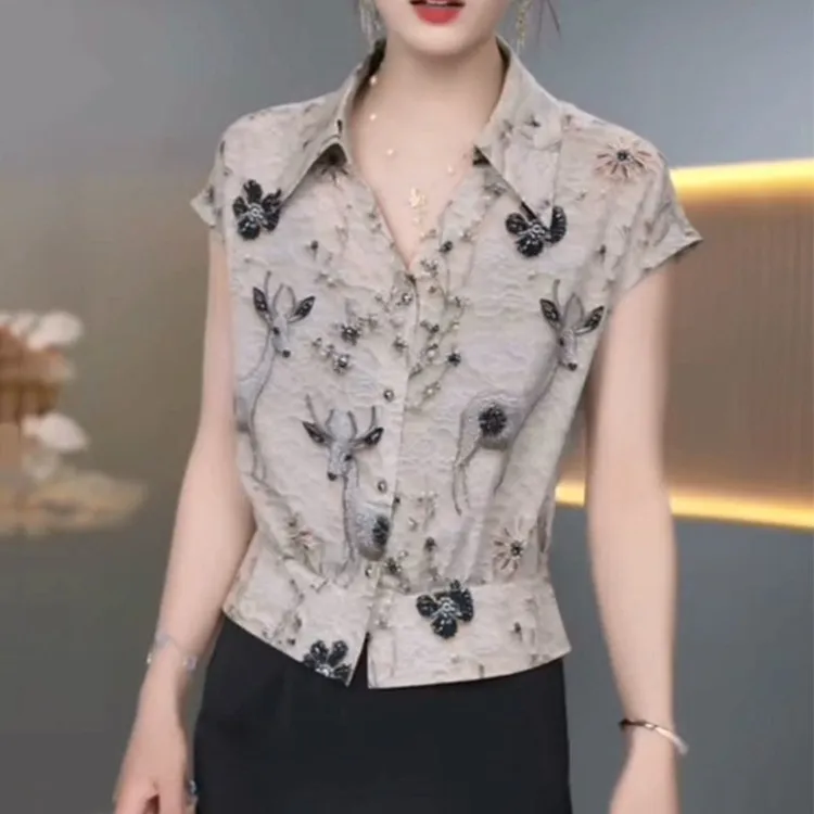 夏季衬衫袖成人翻领印花薄款衬衫时洋气尚衬衣百搭夏装小衫宽松