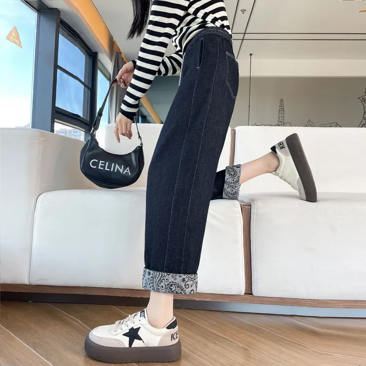 爆款弯刀牛仔裤女春秋季2025年新款宽松直筒显瘦阔腿哈伦萝卜裤潮