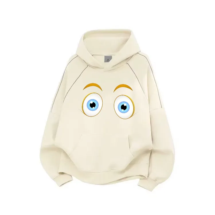 2025笑脸设计男女时尚同款带反光条拼接连帽口袋卫衣