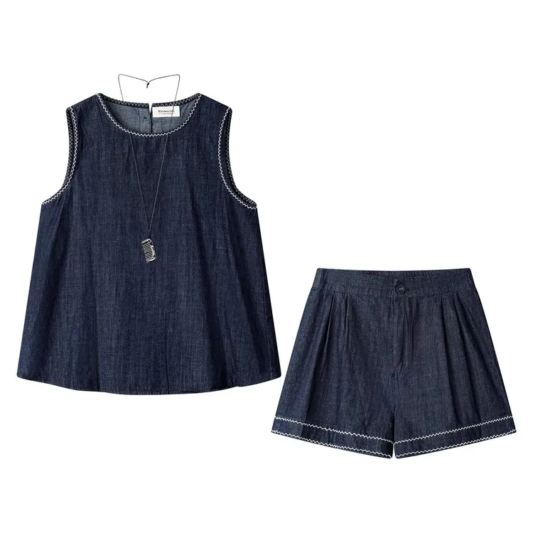 2025新款韩版复古时尚套装减龄无袖牛仔背心上衣高腰休闲短裤夏潮
