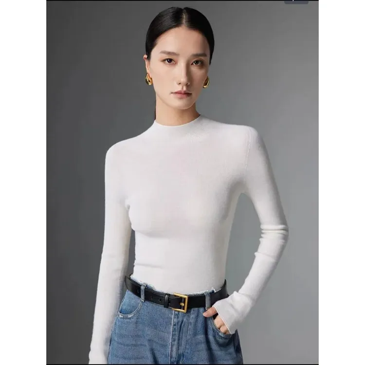 半高领-100%精纺美丽诺超细羊毛衫显瘦百搭上衣-可机洗
