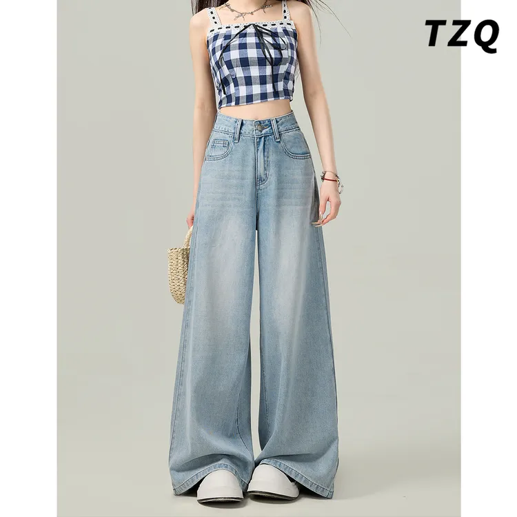 美式浅蓝色阔腿牛仔裤女2025秋季厚款高腰垂感直筒长裤TZQ2542221
