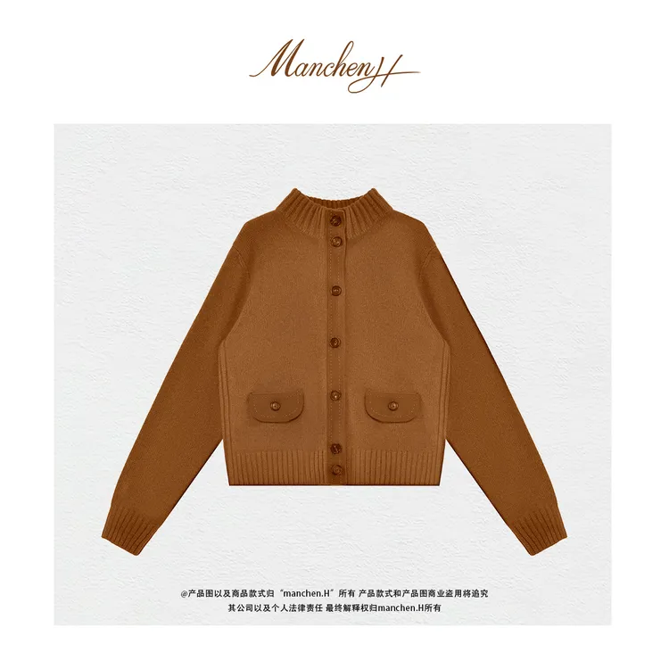Manchenh“高阶~新贵印象“鼎版订染纱100花纱羊绒拼皮手工拱针开衫