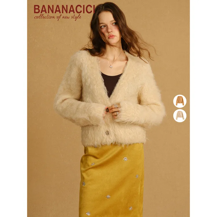 BANANA CICI2025年冬季新款毛茸茸手工拉毛氛围感V领短款羊毛开衫