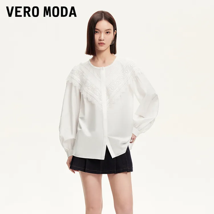 Vero Moda衬衫纯棉圆领前襟花边装饰上衣老钱风松弛感女装贵气