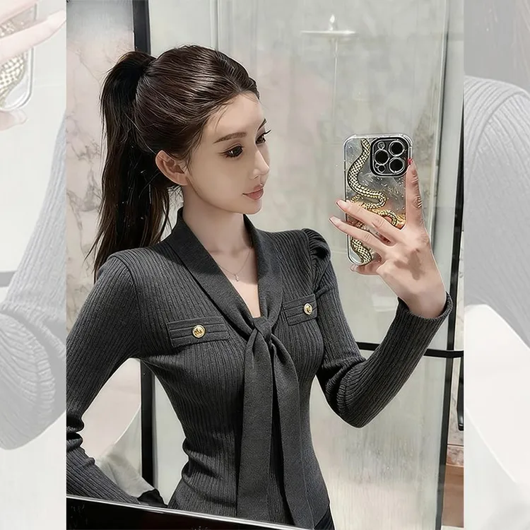 独特漂亮系带小衫内搭打底灰色针织衫洋气高贵蝴蝶结上衣女装秋冬