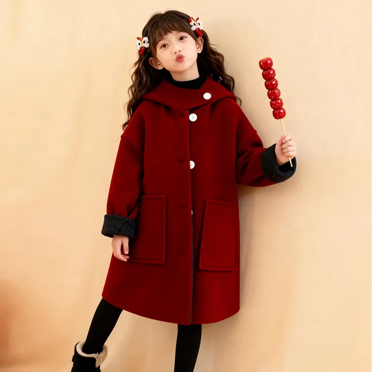 女童冬装外套2025新款韩系保暖百搭中大童连帽两面穿毛呢年服大衣
