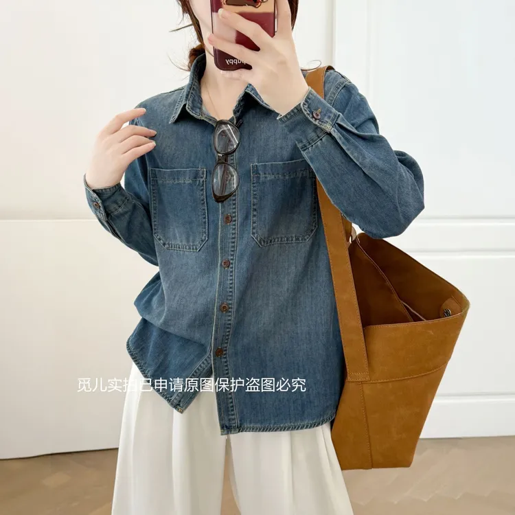 2025年秋冬新款衬衣小个子软牛仔衬衫新款复古口袋外套叠穿百搭