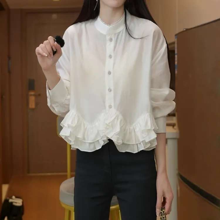 不规则荷叶边长袖衬衫2025秋冬新款设计感小众休闲显瘦打底衫上衣