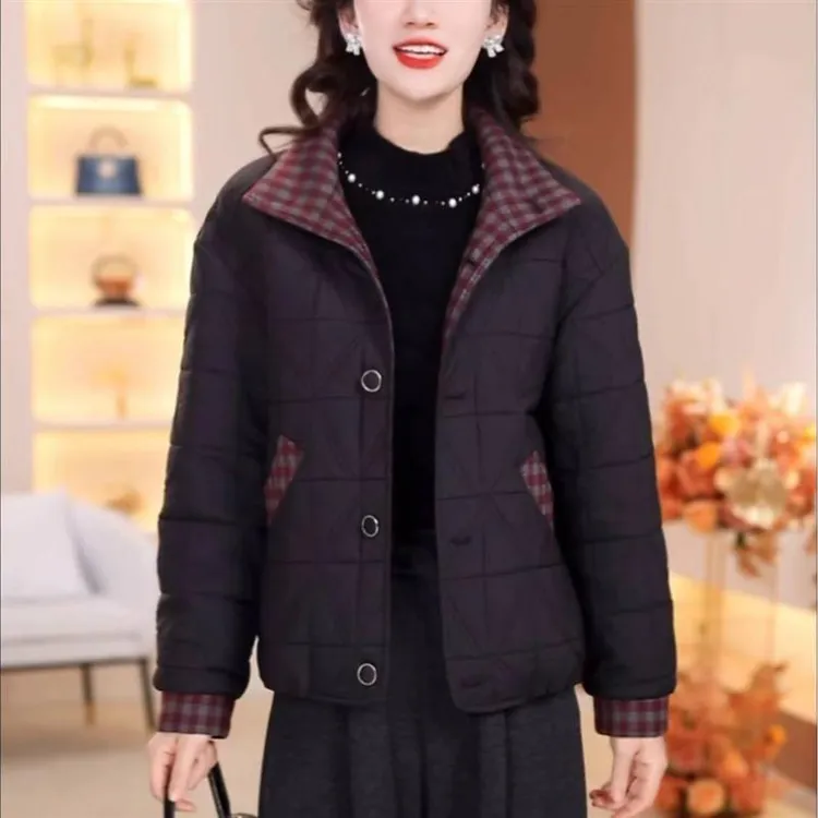 中老年女装单排扣时尚保暖棉袄加厚短款外套休闲风格子拼接棉服女