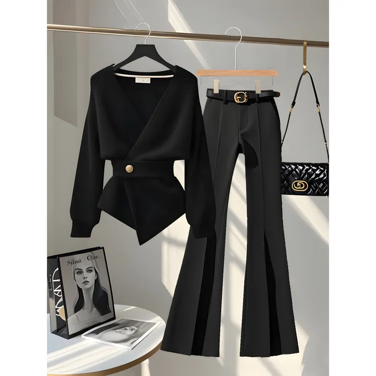 轻熟风气质秋冬套装新款收腰显瘦针织上衣休闲裤时尚小香风两件套