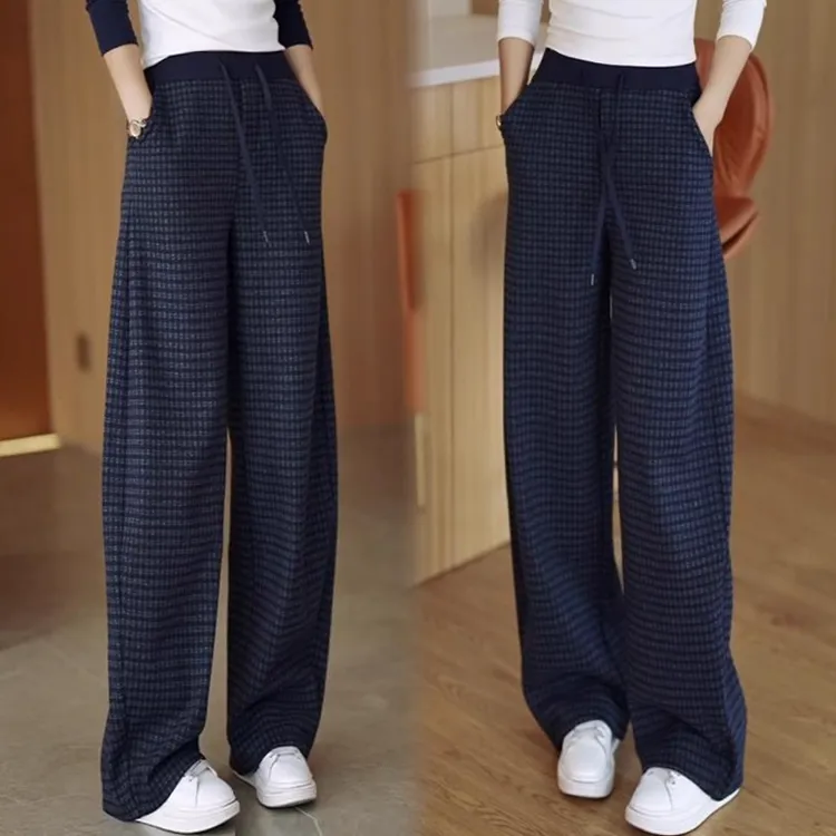 时尚格子休闲裤女2025秋冬新款洋气显瘦宽松加绒加厚直筒阔腿裤