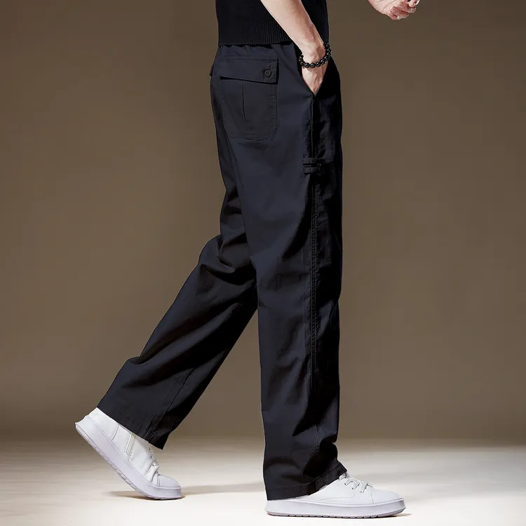 高端日系复古阔腿休闲裤男士新款宽松直筒黑色工装裤子男