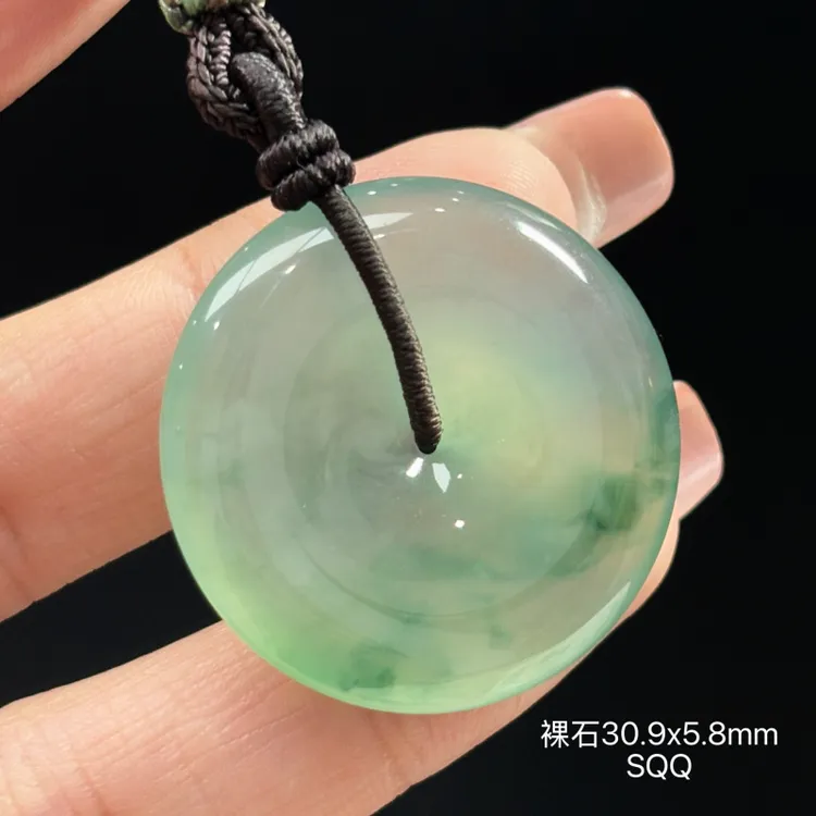 翠小二缅甸天然翡翠A货冰飘绿花平安扣吊坠SQQ